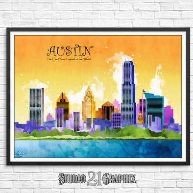 Austin In Living Color, Texas City Skyline Watercolor Art Print