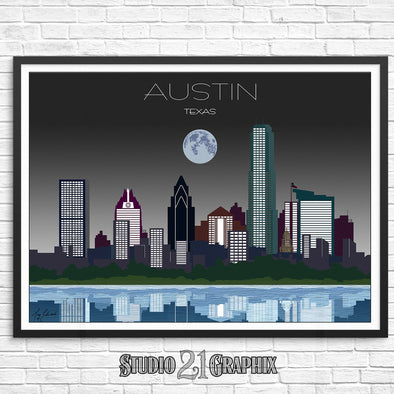 Austin In Moon Light, Texas City Skyline Watercolor Art Print