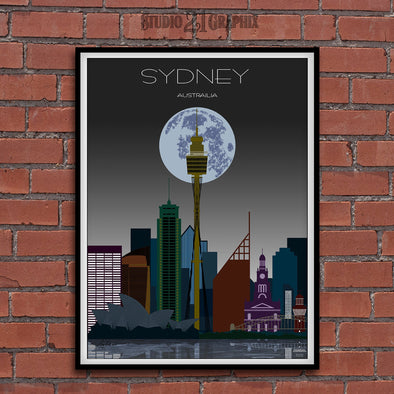 Sydney in Moon Light, Australia Skyline Watercolor Art Print