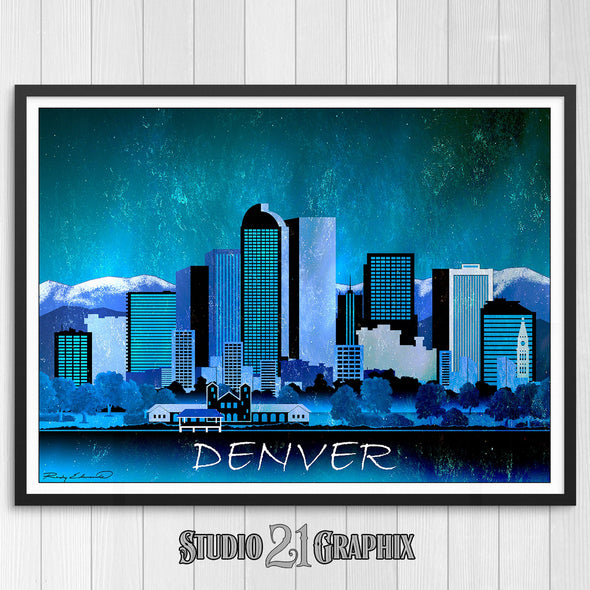 Denver at Night, Colorado Skyline Watercolor Art Print