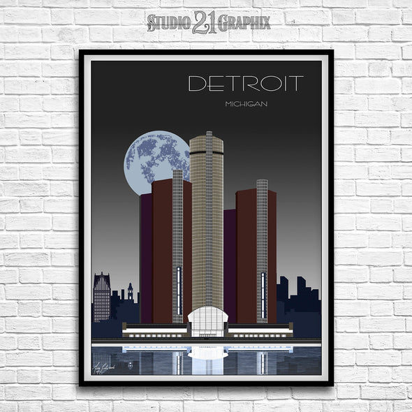 Detroit in Moon Light, Michigan Skyline Watercolor Art Print