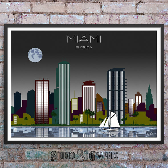 Miami in Moon Light, Florida Skyline Watercolor Art Print