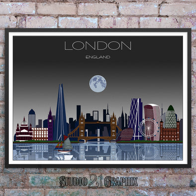 London in Moon Light, England Skyline Watercolor Art Print