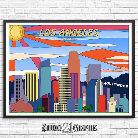 Los Angeles POP-ART, California Skyline Watercolor Art Print