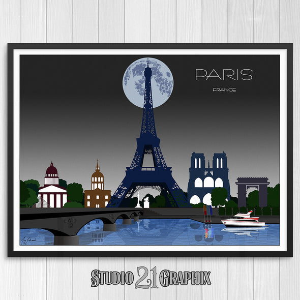 Paris in Moon Light, France Skyline Watercolor Art Print
