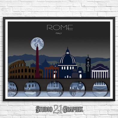 Rome In Moon Light, Italy Skyline Watercolor Art Print