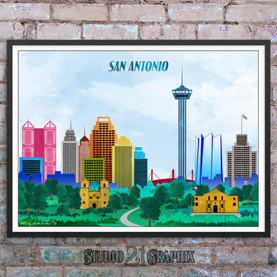 San Antonio, Texas Skyline Watercolor Art Print