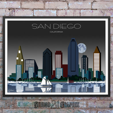 San Diego in Moon Light, California Skyline Watercolor Art Print