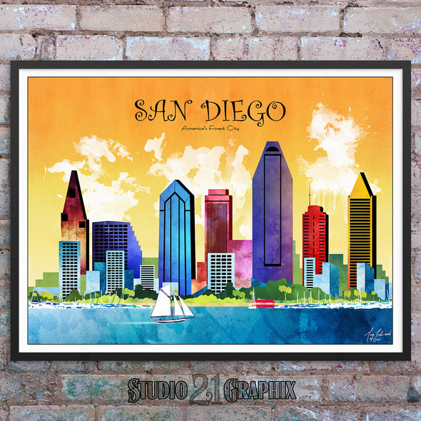 San Diego in Living Color, California Skyline Watercolor Art Print