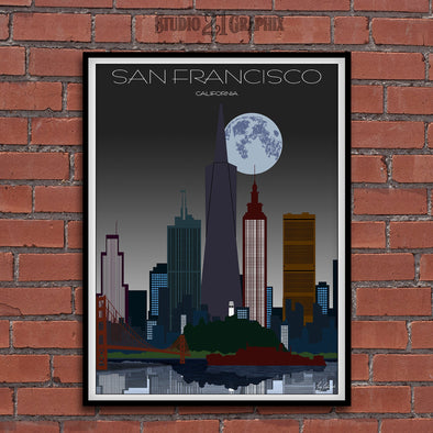 San Francisco in Moon Light, California Skyline Watercolor Art Print