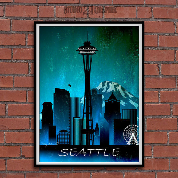 Seattle at Night, Washington Skyline Watercolor Art Print