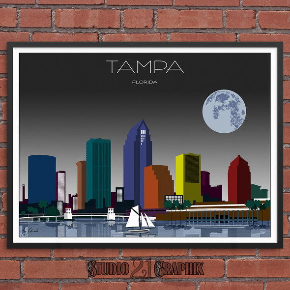 Tampa in Moon Light, Florida Skyline Watercolor Art Print